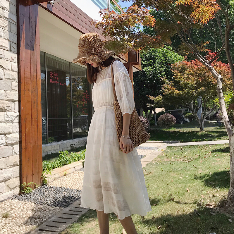 韩国MIOO春夏2019新款条纹法式中长款连衣裙后背镂空蕾丝连衣裙女|ruв категории Женская одежда, платье - от Buy2taobao.com для оказания профессиональной услуги покупки агента Taobao