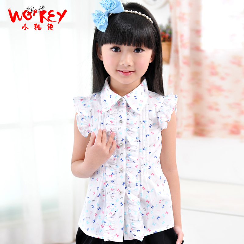 女童短袖衬衣纯棉花边...