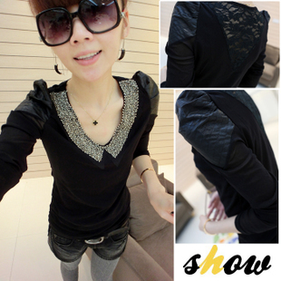  包邮小衫女新款长袖韩版女士打底衫修身时尚V领蕾丝拼接t恤潮