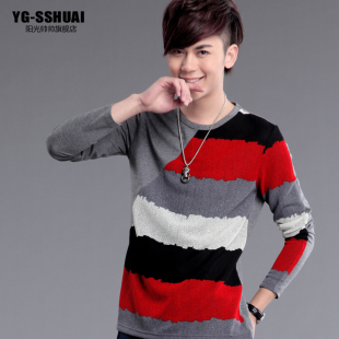  春夏装t恤 男装打底衫 男士长袖t恤 圆领条纹韩版T恤 上衣