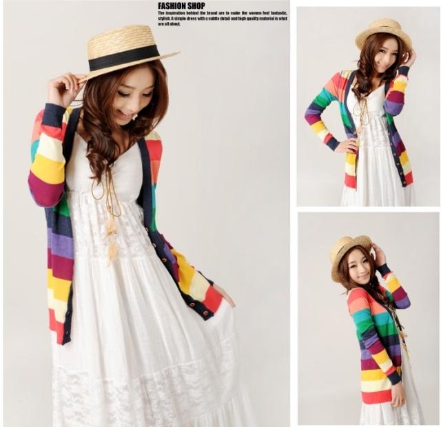 彩条纹深V领甜美...