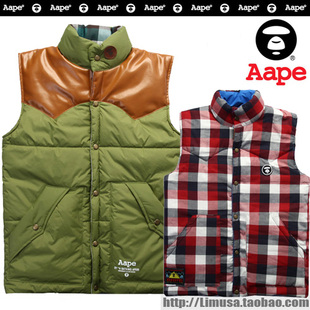  APE AAPE 新款 皮革拼接 双面穿格子 男装夹棉保暖冬装马甲