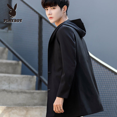 花花公子男士中长款风衣2017春秋季新款潮流韩版帅气修身连帽外套