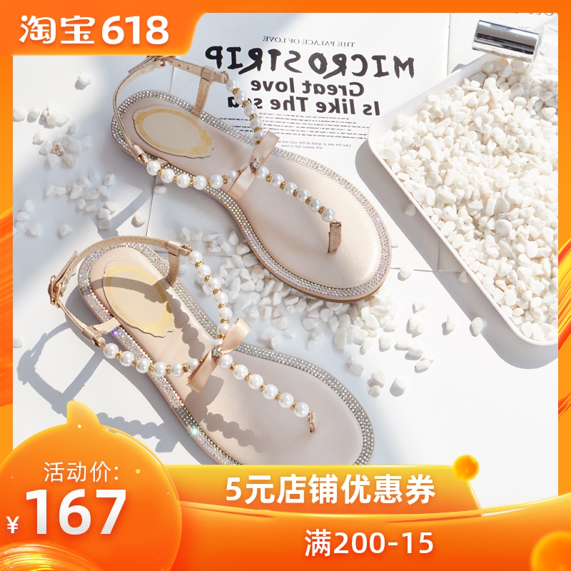真皮水钻串珠露趾凉鞋女2019新款夏季平底网红人字夹趾罗马沙滩鞋|msdalam kategori Kasut wanita, Sandal - dari Buy2taobao.com untuk memberikan perkhidmatan ejen Taobao profesional membeli