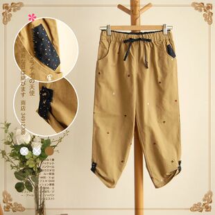 白金天使日系简约刺绣海锚七分裤休闲裤 森女系春装新款9808