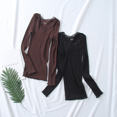 人手两件！高性价比~秋冬休闲蕾丝拼接甜美木耳边修身套头打底衫