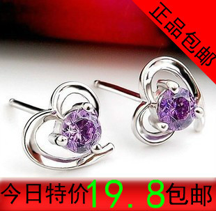  包邮 S925纯银耳钉 爱心瑞士钻紫水晶耳钉 韩版时尚 生日礼物饰品