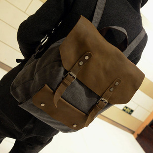  帆布配牛皮韩版包包新款双肩包学生书包撞色背包包潮男女包包