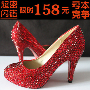  水晶鞋 新娘鞋婚鞋水钻高跟鞋红色透明宴会婚礼服鞋手工防水台