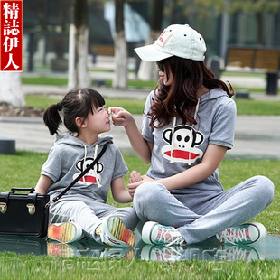  亲子装夏装款童装母女装韩版大嘴休闲卫衣猴短袖长裤运动套装