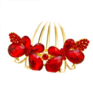  千色新娘新款红色水钻发插梳古装结婚配饰发饰品花朵头花旗袍头饰