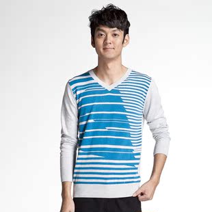  森马semir 春装新款男装纯棉V领针织毛衣条纹线衫毛衫原价159元