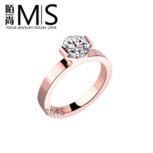  陌尚正品 镀18K玫瑰金一克拉单钻戒指女钛钢彩金指环婚戒