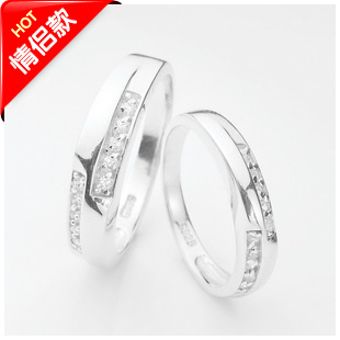S925纯银戒指 时尚韩版情侣缘分对戒 镶双排钻 七夕送女友礼物 S925纯银戒指 时尚韩版情侣缘分对戒 镶双排钻 七夕送女友礼物