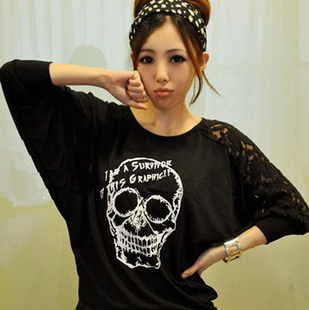  包邮春装新款韩版蝙蝠衫宽松蕾丝拼接骷髅头打底衫长袖t恤女