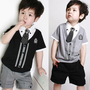  男童夏装短袖短裤子两件套POlO衫翻领带纯棉儿童男宝宝学院风套装