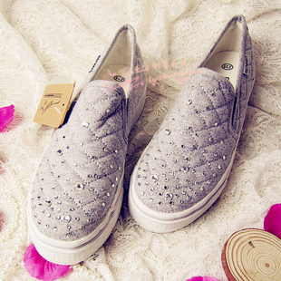  满天星日韩厚底镶水钻手工帆布低帮坡跟松糕女款懒人高跟单凉鞋