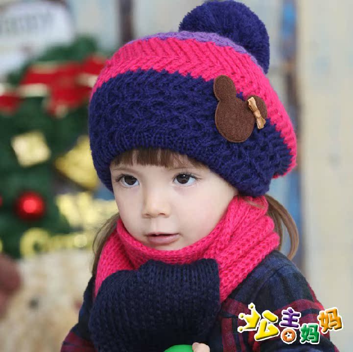 韩版儿童彩色贝雷毛线帽围巾两件套