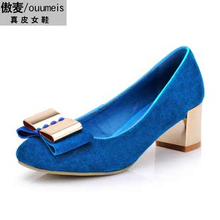  年春季新款女鞋 粗跟单鞋 女 真皮蝴蝶结 中跟鞋 女式鞋子