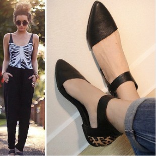  夏季新款欧美马毛豹纹真皮尖头平底凉鞋时尚头层牛皮女鞋子