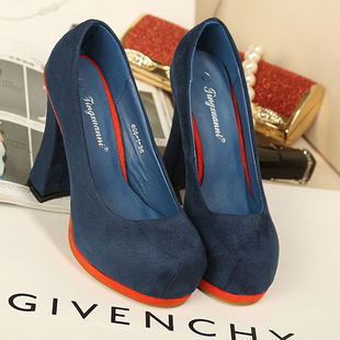  春夏季新款方头绒面高跟鞋 韩版杂志OL气质粗跟单鞋婚鞋 女