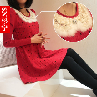 包邮 秋冬韩版宽松波点 长款毛衣女 毛衣裙 兔毛领 打底连衣裙