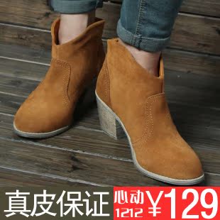  独家新款简约粗跟舒适短靴牛皮真皮女鞋子单靴踝靴裸靴马丁靴