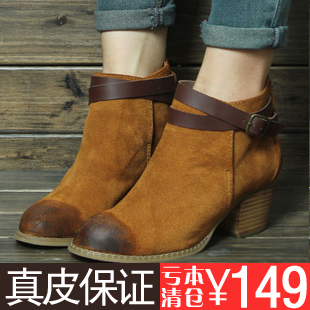  【真皮质检】春秋冬季女鞋子短靴子粗跟马丁靴英伦女靴冬靴裸靴
