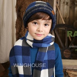 冬新款童装 韩国儿童保暖格子毛线帽子男童针