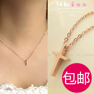  包邮韩国镀18K玫瑰金女短款十字架项链钛钢首饰品欧美耶稣锁骨链