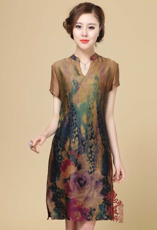 品牌女装中式新古典时尚传统真丝莨绸长裙 桑