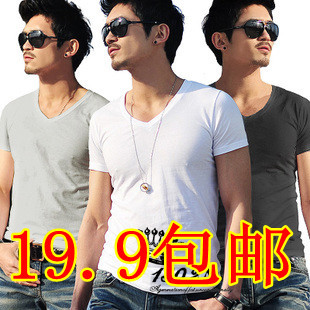  修身V领紧身t恤男款短袖韩版潮黑白色男士打底衫衣服男19.9 包邮