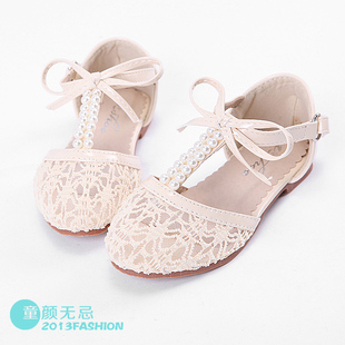 13夏新款韩国正品女童鞋包头蕾丝镂空公主单鞋珍珠蝴蝶结儿童凉鞋