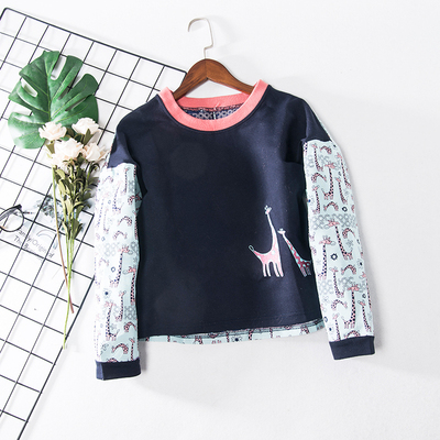 BB7秋季新款女装韩版修身圆领套头长颈鹿印花拼接卫衣1712