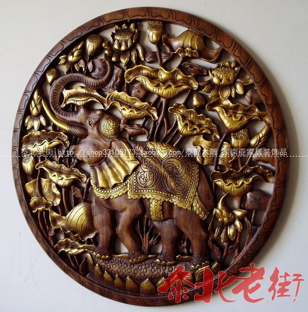 特惠包邮东南亚风格客厅玄关壁画圆形小象荷花泰国柚木雕花板挂饰在类目 家居饰品, 壁饰中 - 来自Buy2taobao.com提供专业的淘宝代购服务