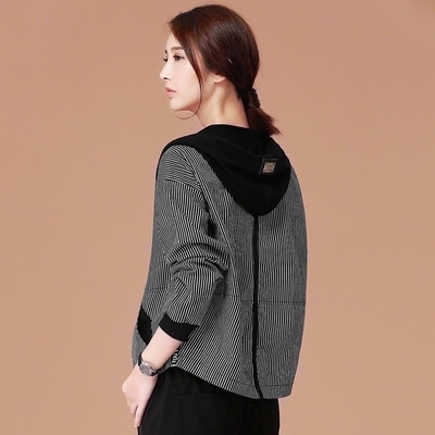 连帽短外套女春秋2018短款休闲外衣长袖宽松百搭显瘦韩版条纹夹克