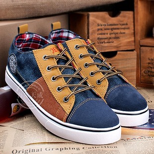  夏季新款韩版拼色休闲男帆布鞋系带圆头平跟耐磨底板鞋男鞋子包邮
