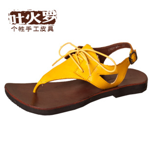  吐火罗 新款真皮牛皮夹趾女凉鞋 手工制作复古牛仔风女鞋子