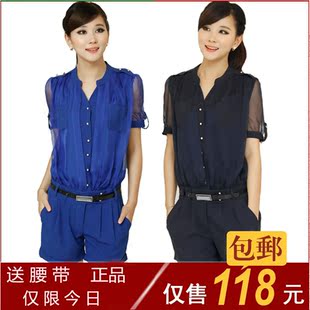  夏装新款连体裤欧美大牌女士夏装时尚雪纺连衣短裤送腰带