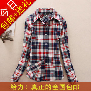  淘金币 新款小清新英伦学院风女款秋冬加厚长袖格子衬衫衬衣