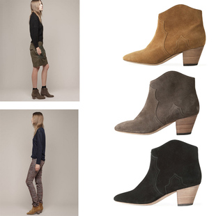  欧美真皮百搭粗跟短靴女四季靴裸靴马丁靴 骑士靴可儿同款及踝靴