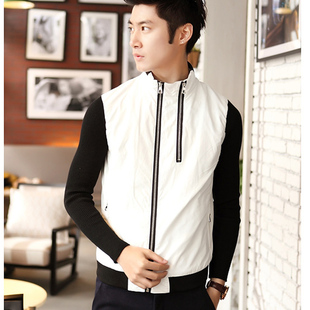  春装新款男装韩版时尚潮修身休闲男士针织袖皮接皮衣 外套