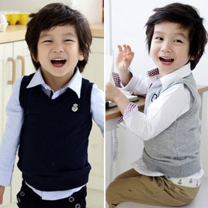  宝宝春季新款男女童装韩版儿童纯棉抓绒背心马甲套头衫灰蓝色