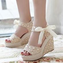 Roman princess summer fish head mixed colors sandals sub-slope with muffin thick crust waterproof bandage linen