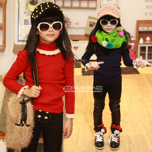 新年装韩版童装儿童羊绒毛衣打底针织衫女童高领公主袖毛衣女160