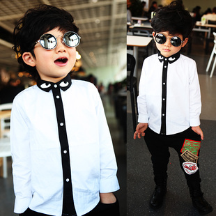  铁蛋家童装儿童衬衫男童白色长袖衬衫拼接眼睛衬衫Y420
