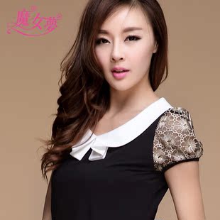  新款大码蕾丝拼接女T恤短袖打底衫娃娃领纯色棉上衣韩版修身