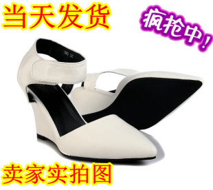  新款欧美风杂志款女鞋子ANNA推荐复古尖头高跟坡跟包头凉鞋子