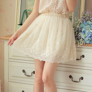  夏季女装 韩版蓬蓬刺绣花朵高腰蕾丝雪纺女半身裙短裙夏中裙