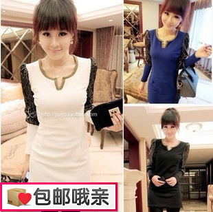  春秋韩版新品显瘦性感蕾丝拼接包臀打底衫 中长款休闲长袖T恤 女